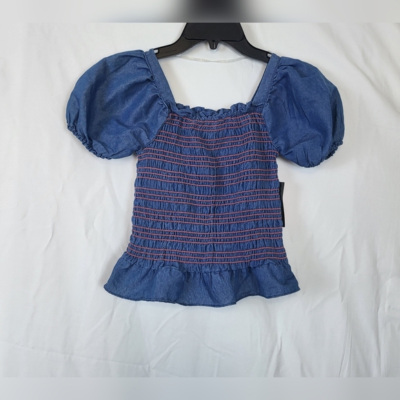 Vince Camuto Girls Blue Denim‎ Smocked Bodice Puff Sleeve Boho Top Size 12 New - Picture 1 of 6